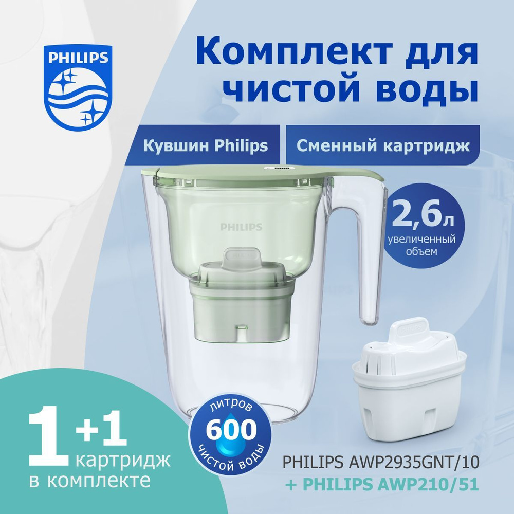 Комплект кувшин для очистки воды Philips AWP2935GNT+универсальный картридж Philips AWP210 (1шт.)  #1