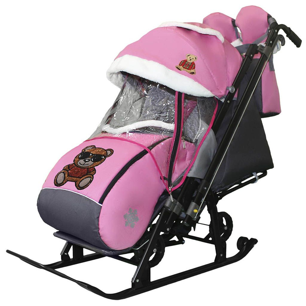 Санки-коляска SNOW GALAXY KIDS 1-2 Розовый - Мишка в красном на больших колесах+сумка+варежки  #1