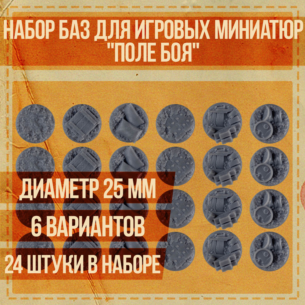 Набор круглых подставок для миниатюр 25 мм "Поле боя" для настольных игровых систем и варгеймов  #1