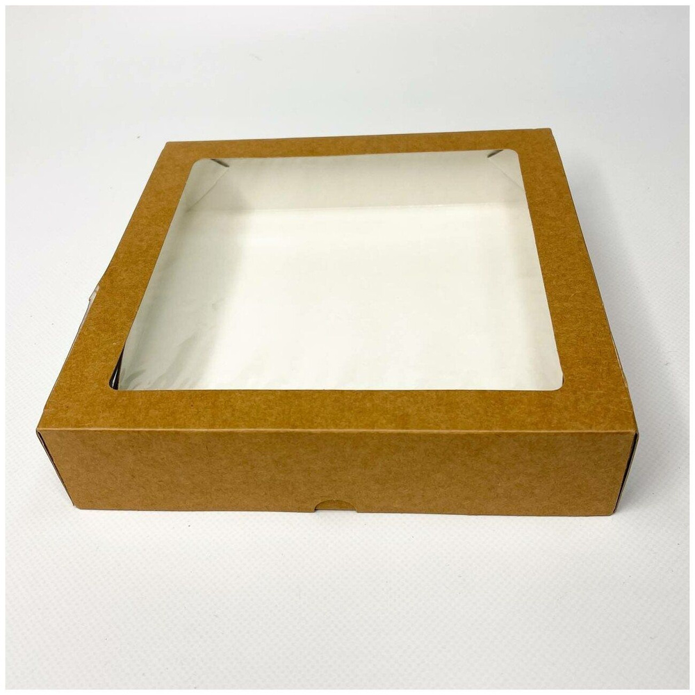 Крафт коробка с окном- 5 штук 200х200х55 мм., Коробочка для подарков, Коробка для упаковки, Коробка для #1