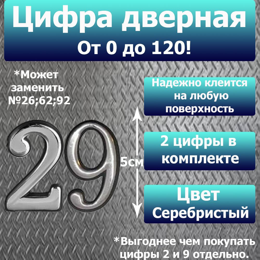 Цифра на дверь квартиры самоклеящаяся №29 с липким слоем Серебро, номер дверной Хром, Все цифры от 0 #1