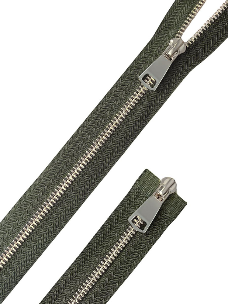 Молния металл зеленый цвет - хаки тип 5 двузамковая разъемная 90 см с серебристой фурнитурой  #1
