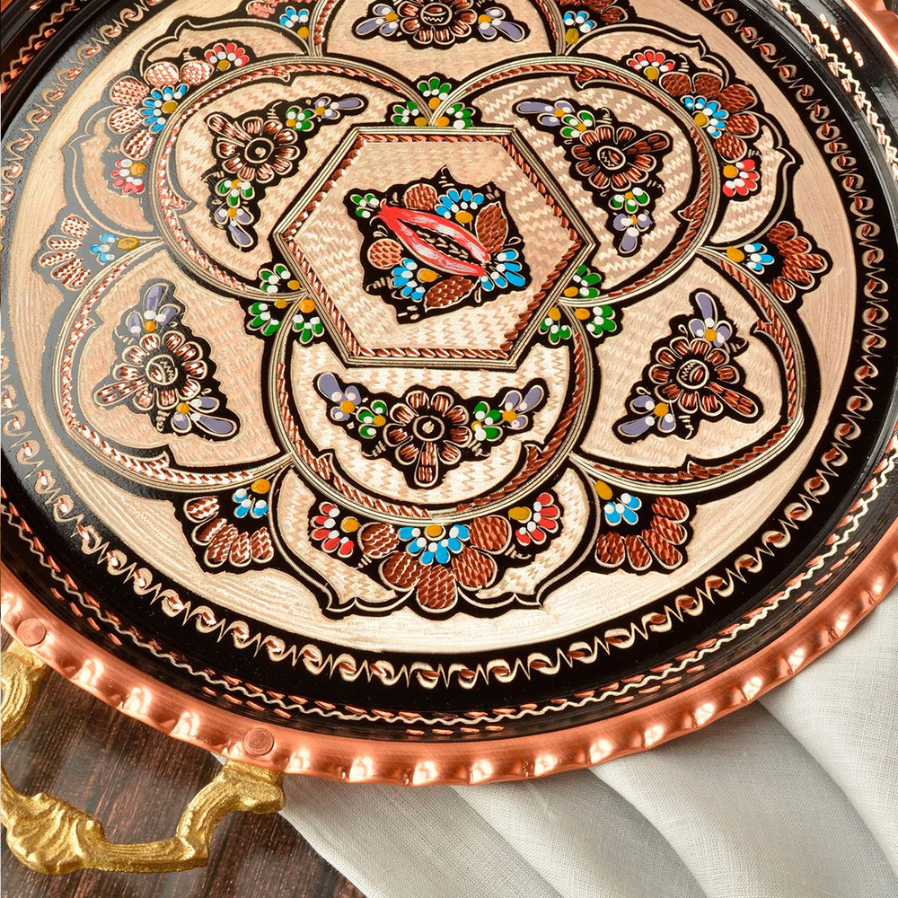 Поднос с ручками медный расписной 35 см - купить с доставкой по ...