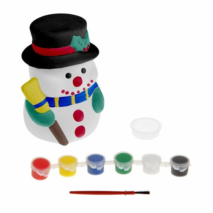 Роспись по керамике копилка "Снеговик с метлой" + краски 6 цветов по 3 мл, кисть  #1