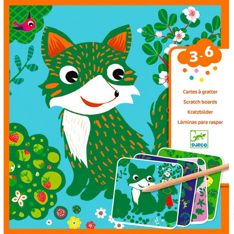 Djeco Scratch cards Набор для создания картин-гравюр стилосом Милые животные  #1