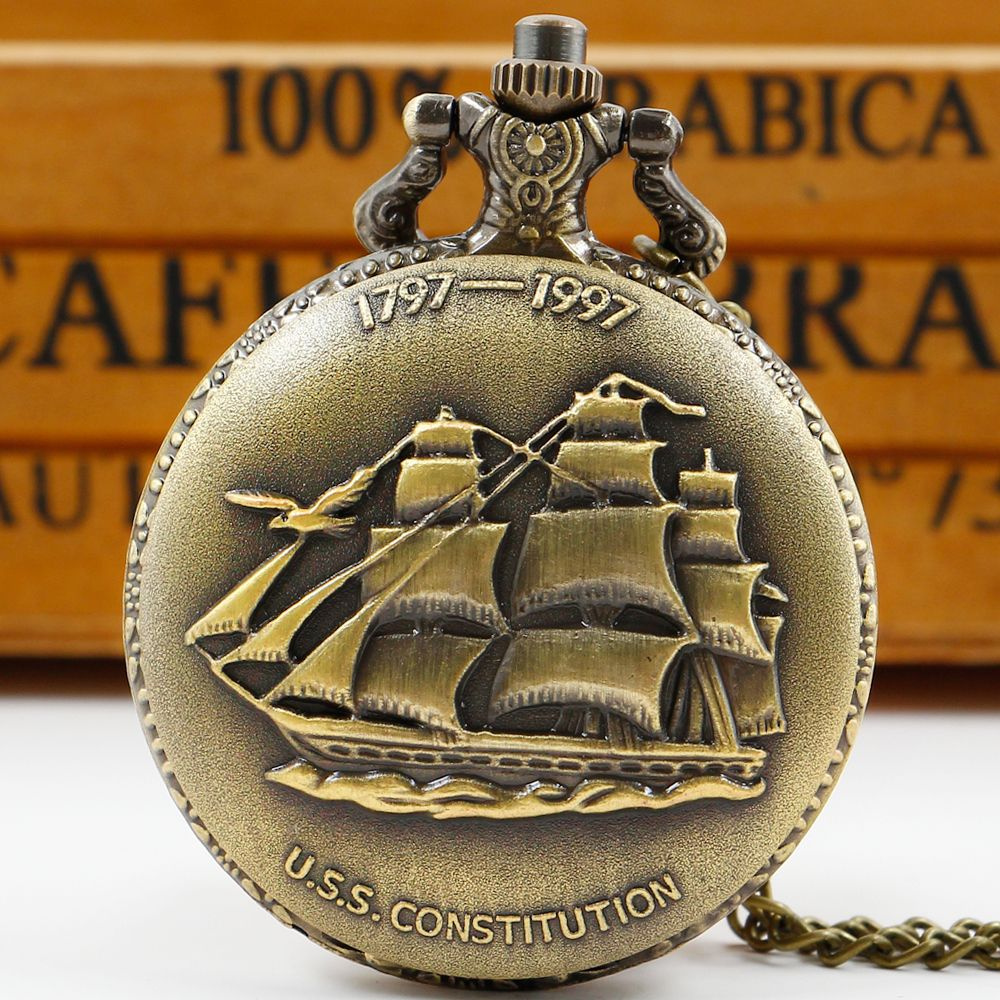 Винтажные кварцевые карманные часы с бронзовым парусником-кораблем 4,5х4,5 см. цепочка 80 см.  #1