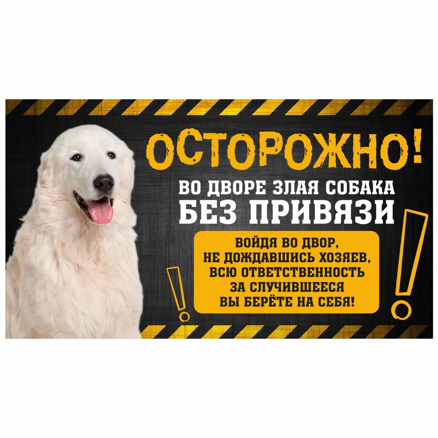 Табличка, с юмором, DANGER DOG, Осторожно! Во дворе собака без привязи, Мареммо-абруццкая овчарка, 25x14 #1