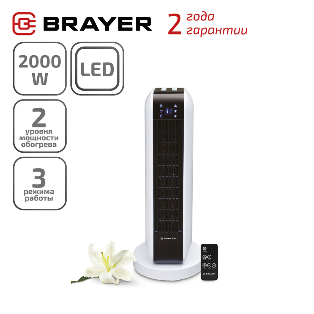 Тепловентилятор BRAYER BR4802, 2000 Вт, 2 уровня мощности, вращение корпуса 35, LED-дисплей, пульт ДУ, #1