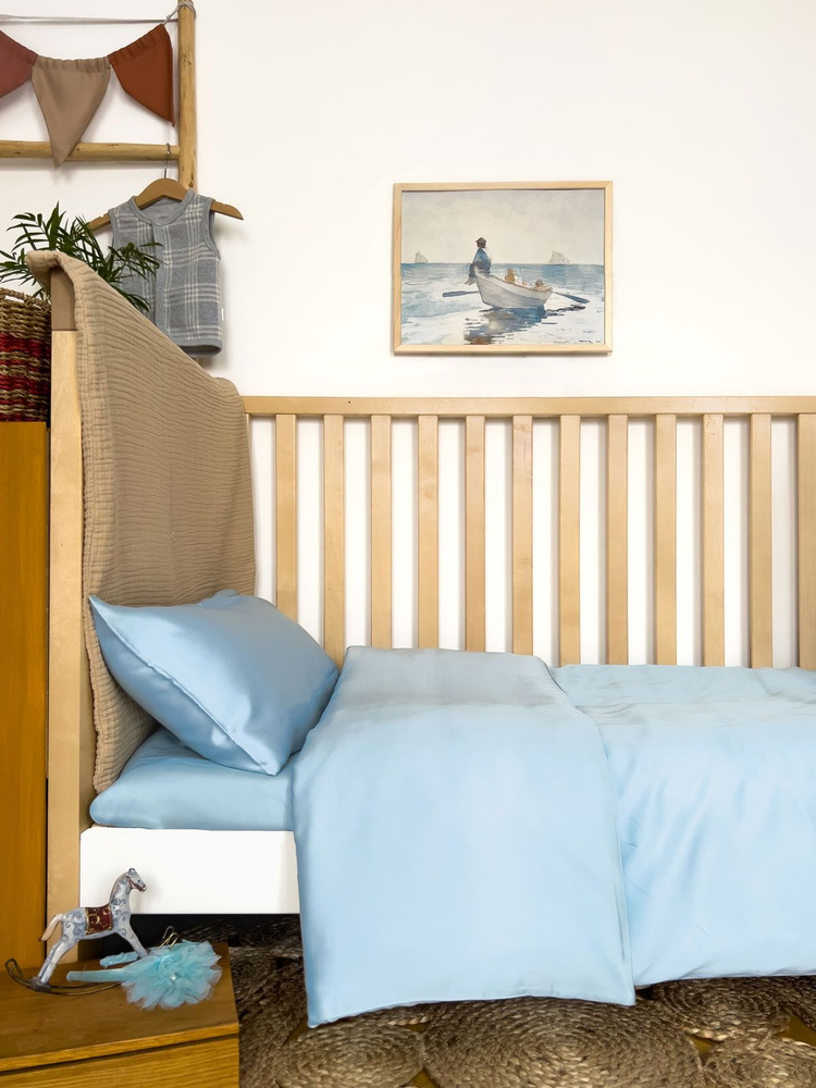 Детское постельное белье из тенселя, голубой, простыня 60х120 см  #1
