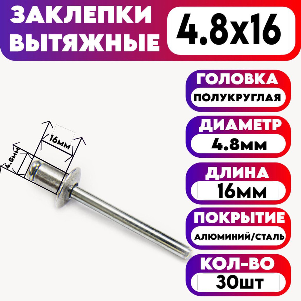 Заклепка вытяжная 4.8х16мм 30шт #1