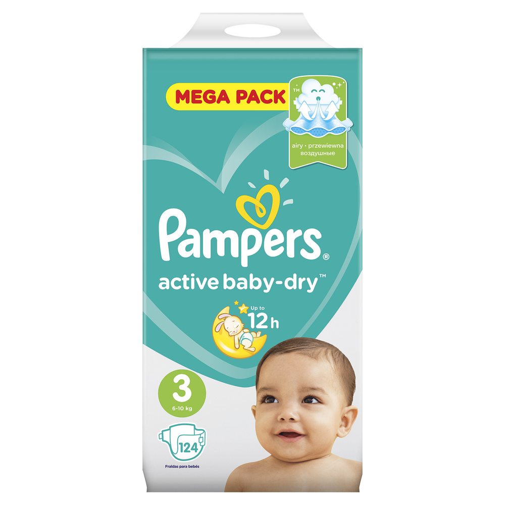 Pampers Active Baby-Dry Подгузники для малышей 6-10 кг, 3 размер, 124 шт  #1