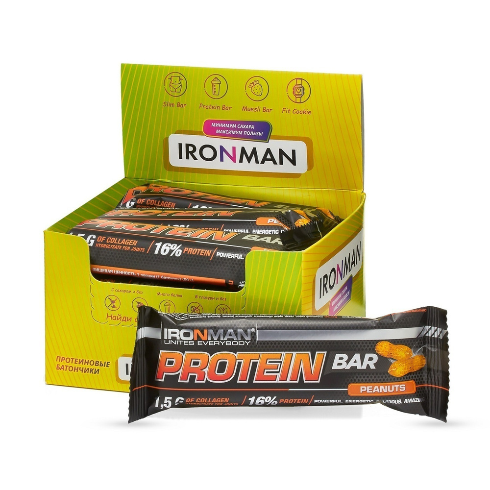 Протеиновые батончики 12х50 г Орех - темная глазурь, с коллагеном Protein Bar IRONMAN/ спортивное питание #1