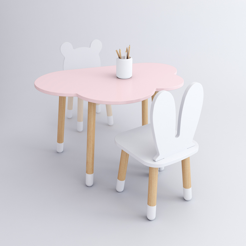 Комплект детской мебели DIMDOMkids, стол "Облако" розовый + стул "Зайка" белый  #1