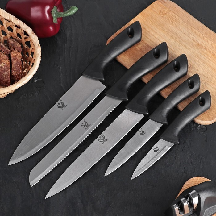 Набор кухонных ножей "Энеолит", 5 предметов: лезвие 8,5 см, 12,5 см, 19,5 см, 20 см, 20 см, цвет чёрный #1