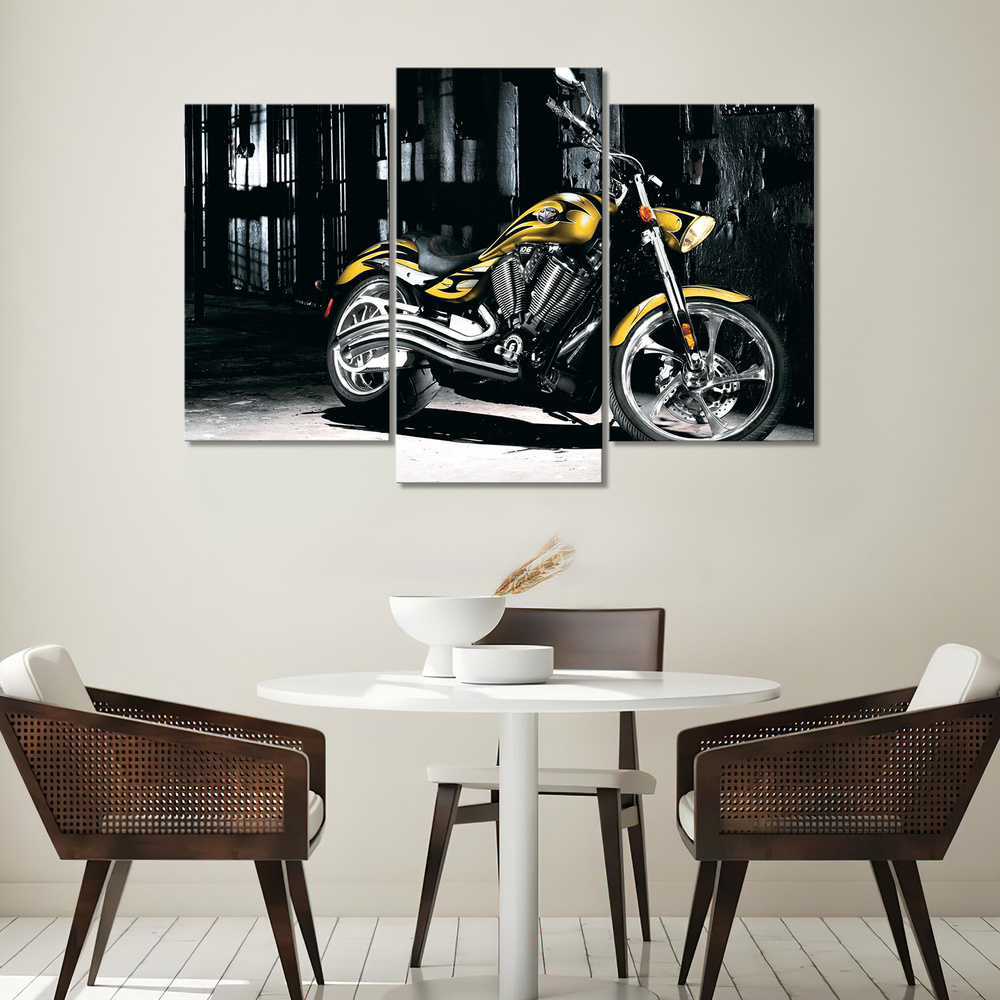 Модульная картина для интерьера на стену Мотоцикл, желтый байк в городе 90х60  #1