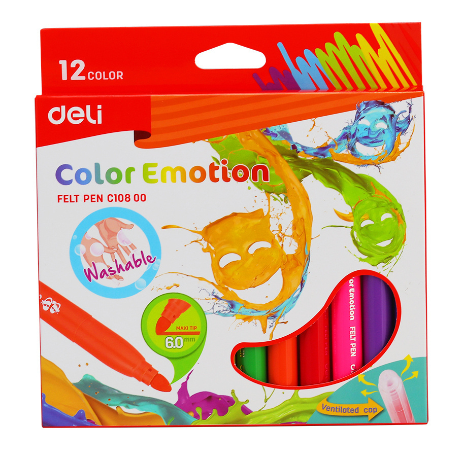 Фломастеры Deli EC10800 Color Emotion, 12 цветов, вентилируемый колпачок, смываемые, коробка с европодвесом #1