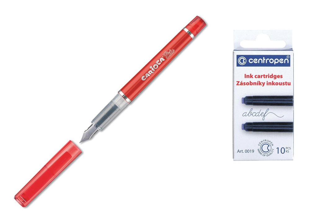 Ручка перьевая красная CARIOCA "Stilo", 3 синих картриджа в блистере с ручкой + 10 синих картриджей CENTROPEN #1