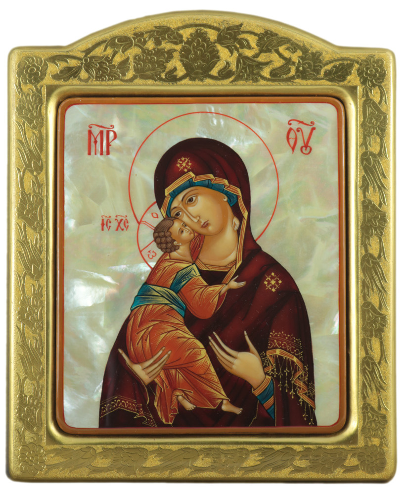 Рукописная икона "Владимирская Богоматерь" на перламутре, 16*19,5 см  #1