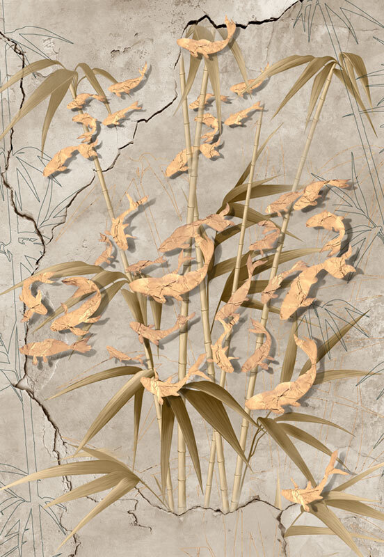 Фотообои флизелиновые на стену 3д GrandPik 17149 "Золотые рыбки в бамбуке", (ШхВ) 200х290 см  #1