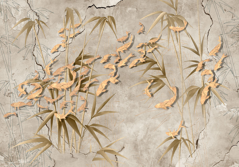 Фотообои флизелиновые на стену 3д GrandPik 17149 "Золотые рыбки в бамбуке", (ШхВ) 400х280 см  #1