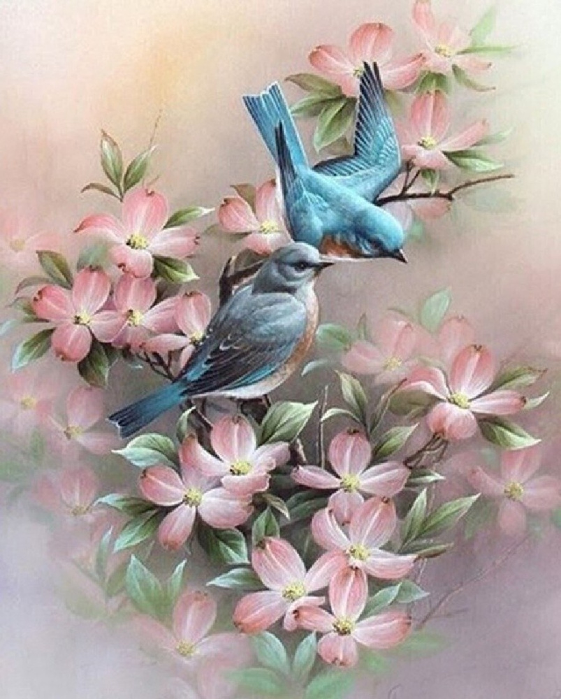 Картина по номерам на холсте 40х50 "Птички на цветущей ветки. Пейзаж. Цветы."  #1