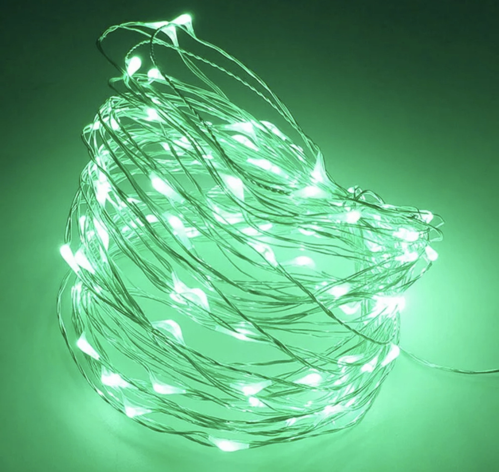 Декоративная светодиодная гирлянда-нить на батарейках, 5 метров (зеленый)  #1