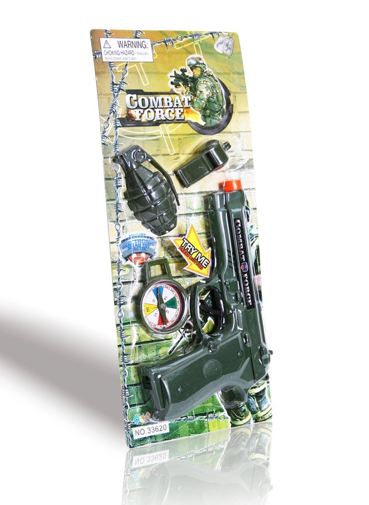 Набор военного для мальчика, состоящий из музыкального пистолета (звук щелчка), свистка, гранаты и компаса #1