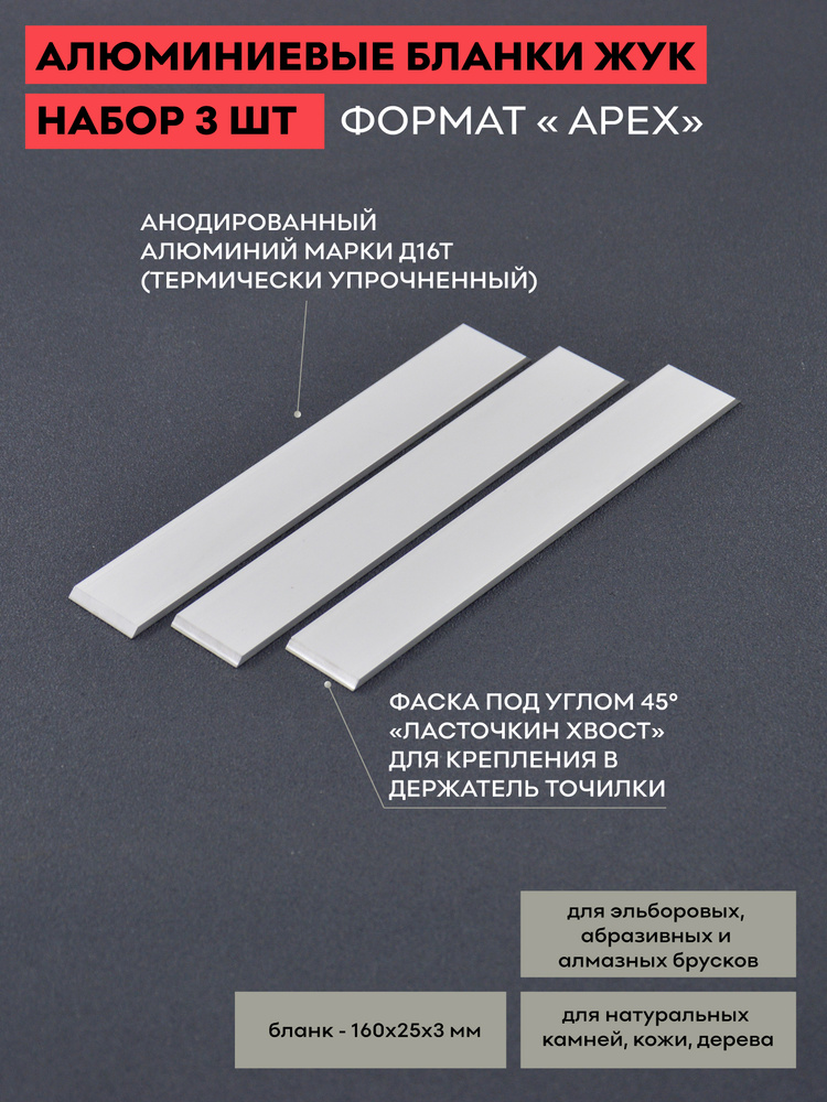 Набор алюминиевых бланков ЖУК, 3 шт. / для заточных брусков формата Apex / анодированный алюминий  #1