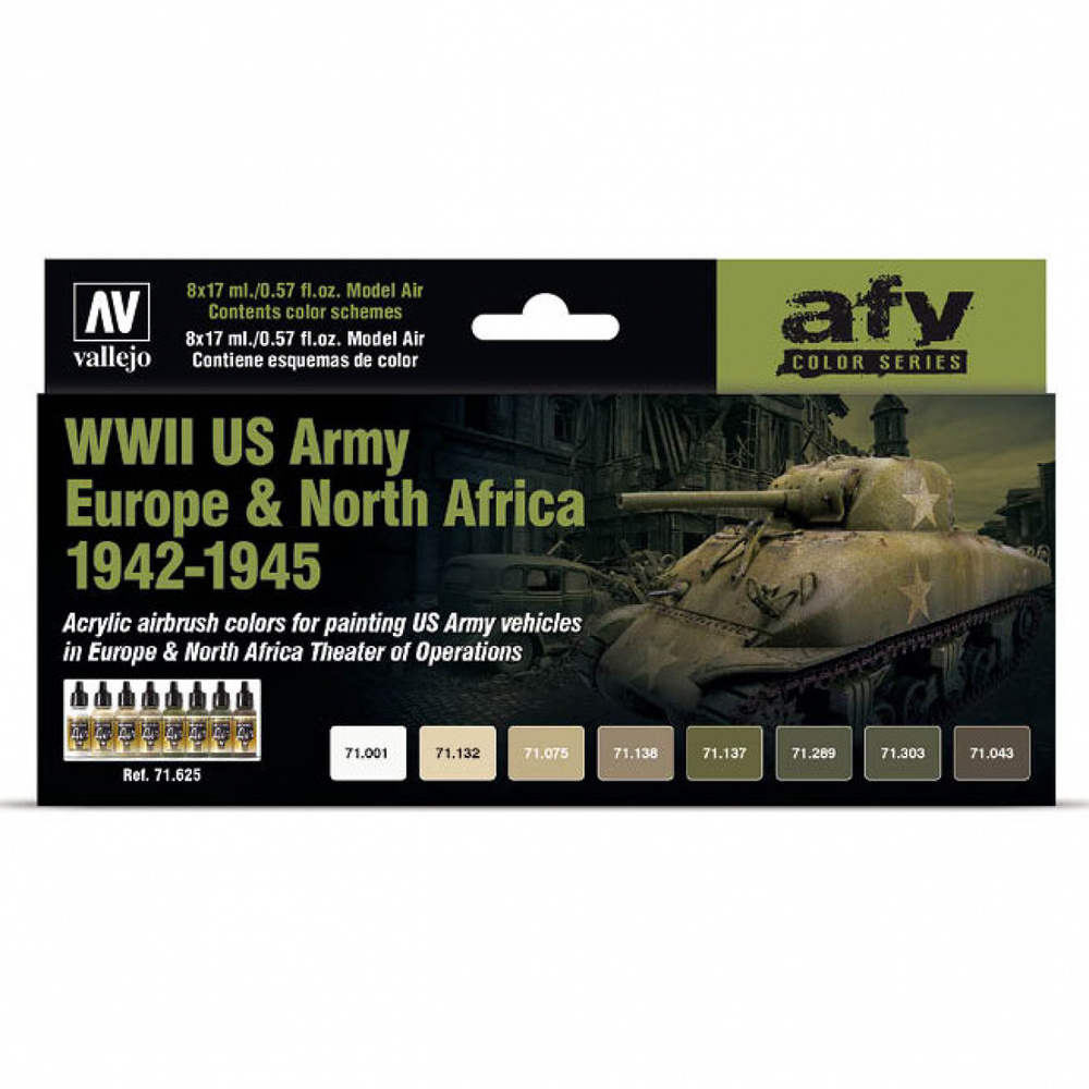 Набор красок для сборных моделей Vallejo, серия Model Air "WWII US Army Europe & North Africa 1942-1945" #1