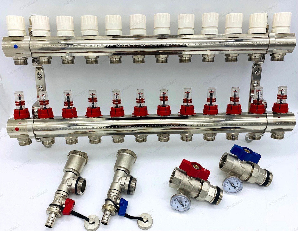 Коллектор для теплого пола с расходомерами, никелированная латунь, 1", 12 выходов, комплектован: автовоздухоотводчик, #1