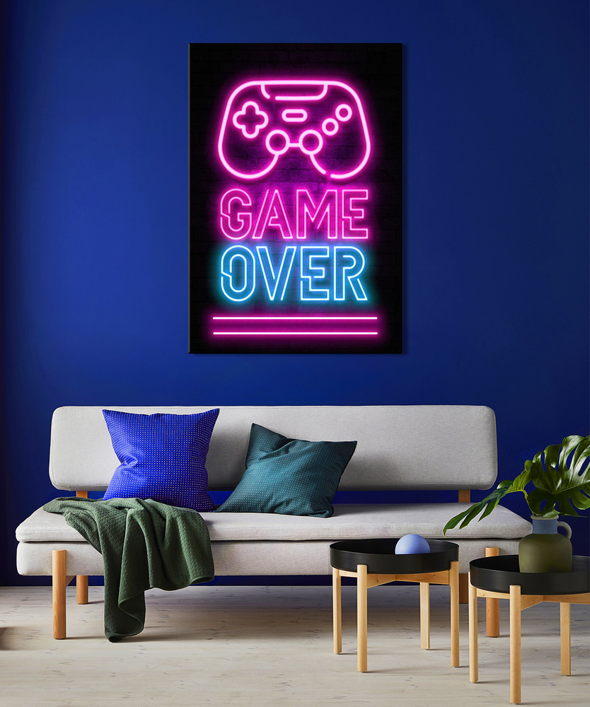 Картина на холсте - Неоновая надпись игра окончена джойстик геймпад game over 30х40  #1