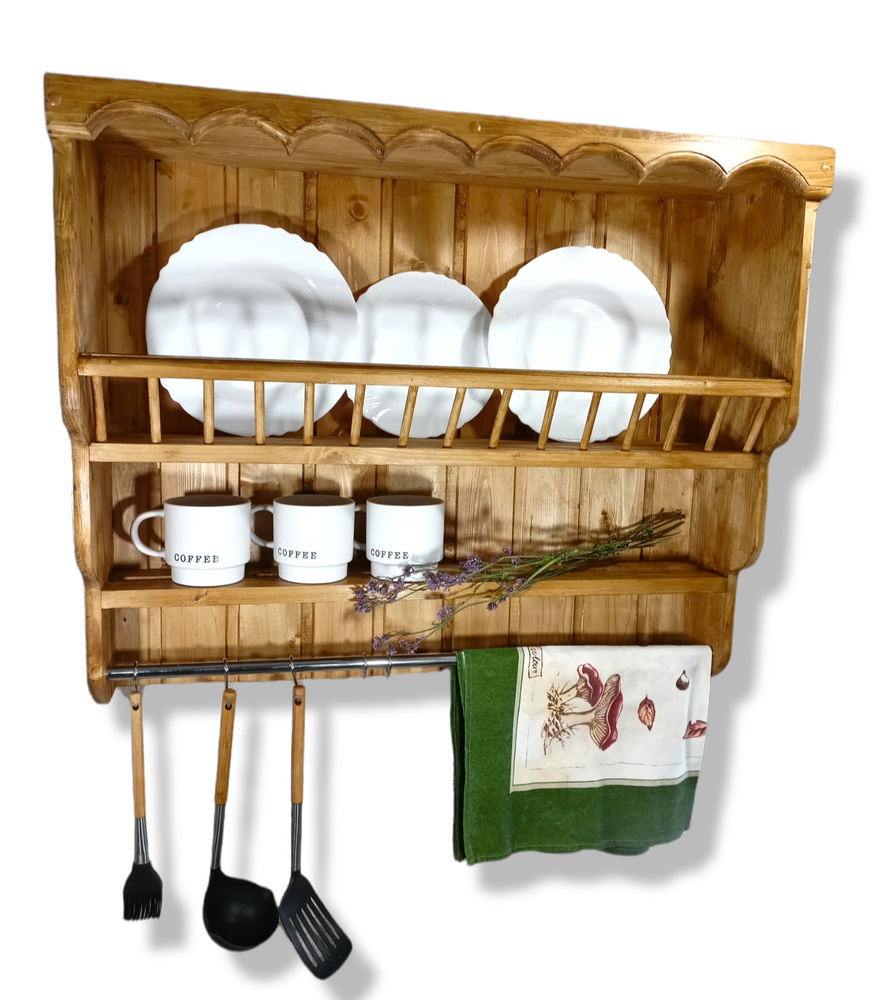 Большая настенная деревянная полка для кухни с крючками, полка для тарелок, для стаканов  #1