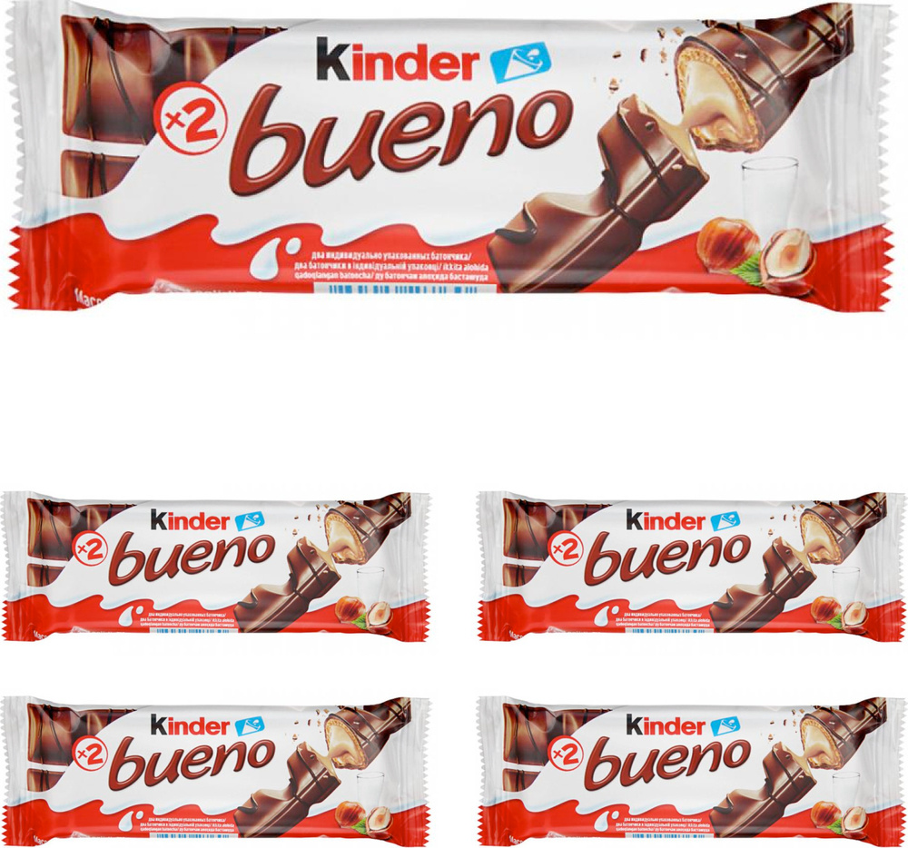Вафли Kinder Bueno в молочном шоколаде с молочно-ореховой начинкой 43г (комплект из 4 шт)  #1