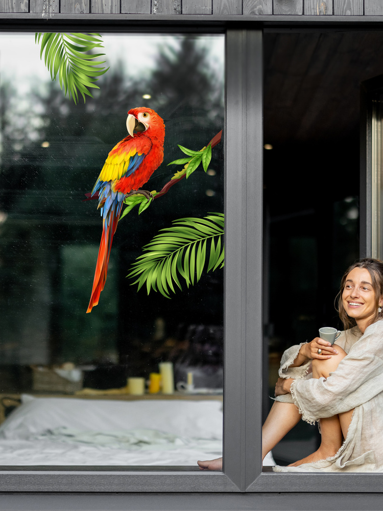 Наклейка интерьерная статическая для декора двухсторонняя Попугай и листья пленка на окна стекла зеркала #1