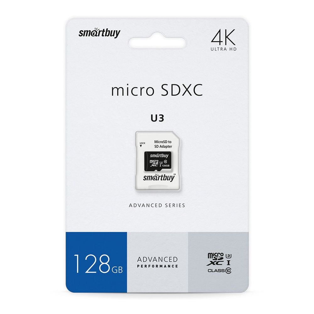 Карта памяти скоростная MicroSDXC 128 Gb SmartBuy class 10 Advanced 90/55 Mb/s U3 V30 A1 SB128GBSDU1A-AD #1