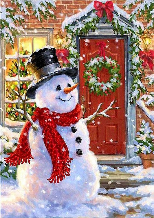 Алмазная мозаика " Снеговик у дома" 40х30 см , полная выкладка  #1