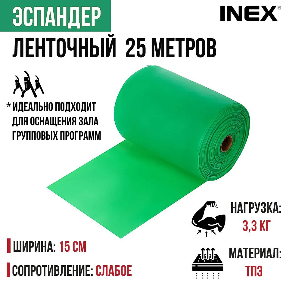 Фитнес резинка / Эспандер для пилатеса INEX Body-Band TPE, рулон 25 м, слабое сопротивление, зеленый #1