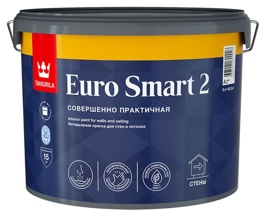 Краска акриловая Tikkurila Euro Smart 2 для стен и потолков, база A, 9л  #1