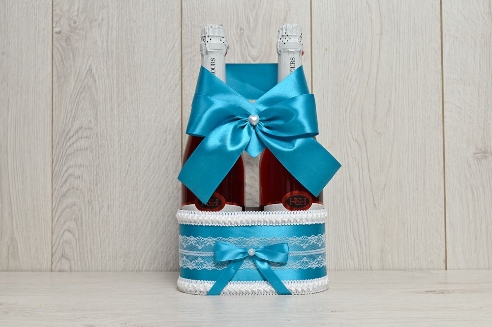 Свадебная корзинка для шампанского "Горько" бирюзового цвета с белой каймой /украшение для шампанского #1
