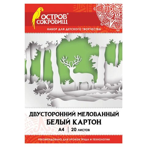 Картон белый А4 МЕЛОВАННЫЙ белый оборот 20 листов в папке ОСТРОВ СОКРОВИЩ 200х290 мм  #1