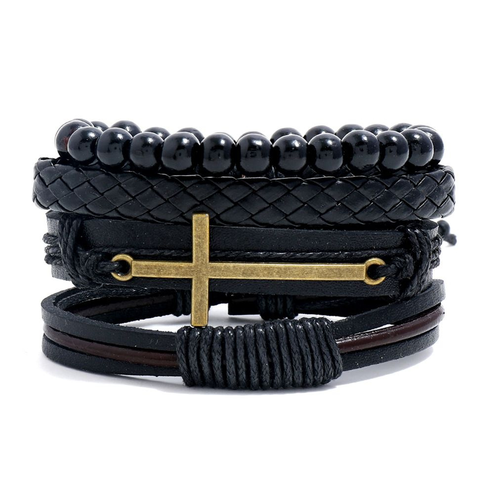 Комплект кожаных браслетов "Brass Cross Black Rope", 4 шт. #1