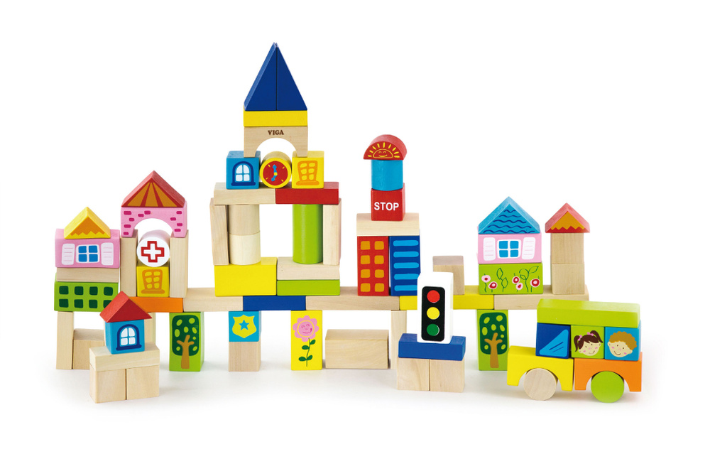 Развивающие игрушки из дерева Viga Toys Конструктор блочный 'Город' (75 деталей) в ведре 50287  #1
