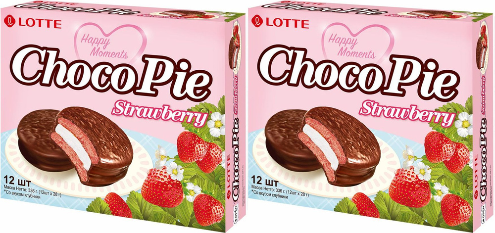 Печенье Lotte ChocoPie Strawberry прослоенное глазированное со вкусом клубники, комплект: 2 упаковки #1