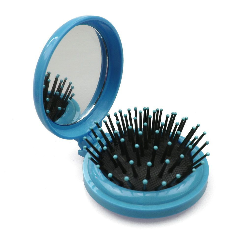 Расческа для волос складная с зеркалом. Расческа для волос массажная. Мини щетка круглая. Синяя  #1
