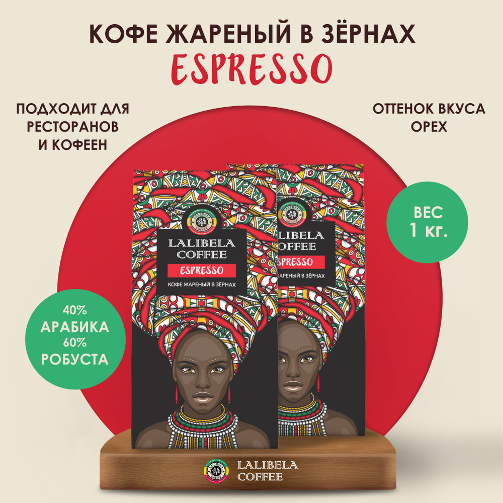 Набор (2 шт. х 500 гр) Кофе в зернах 1 кг LALIBELA COFFEE ESPRESSO, натуральный жареный, арабика 40%, #1