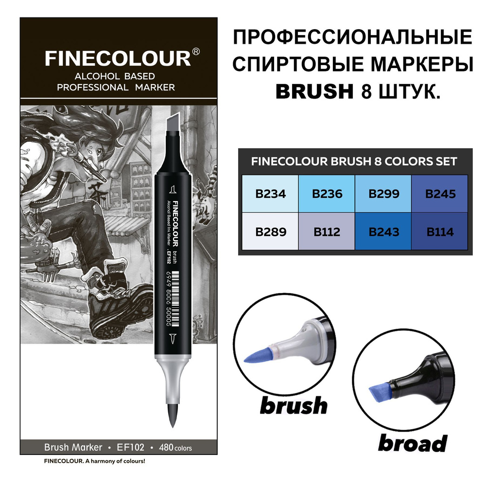 Набор двусторонних спиртовых маркеров для скетчинга FINECOLOUR BRUSH Set 8, 8 шт.  #1