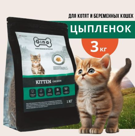 Корм сухой для котят, беременных и кормящих кошек Gina Kitten Chicken, цыпленок, утка, 3 кг  #1