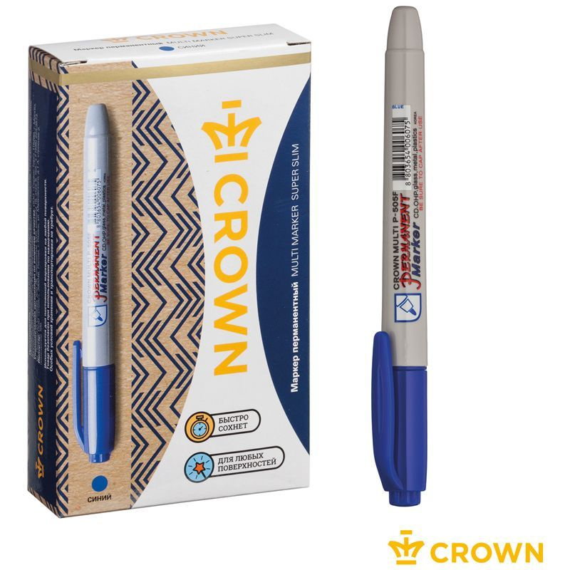 Маркер перманентный Crown "Multi Marker Super Slim" синий, пулевидный, 1мм  #1