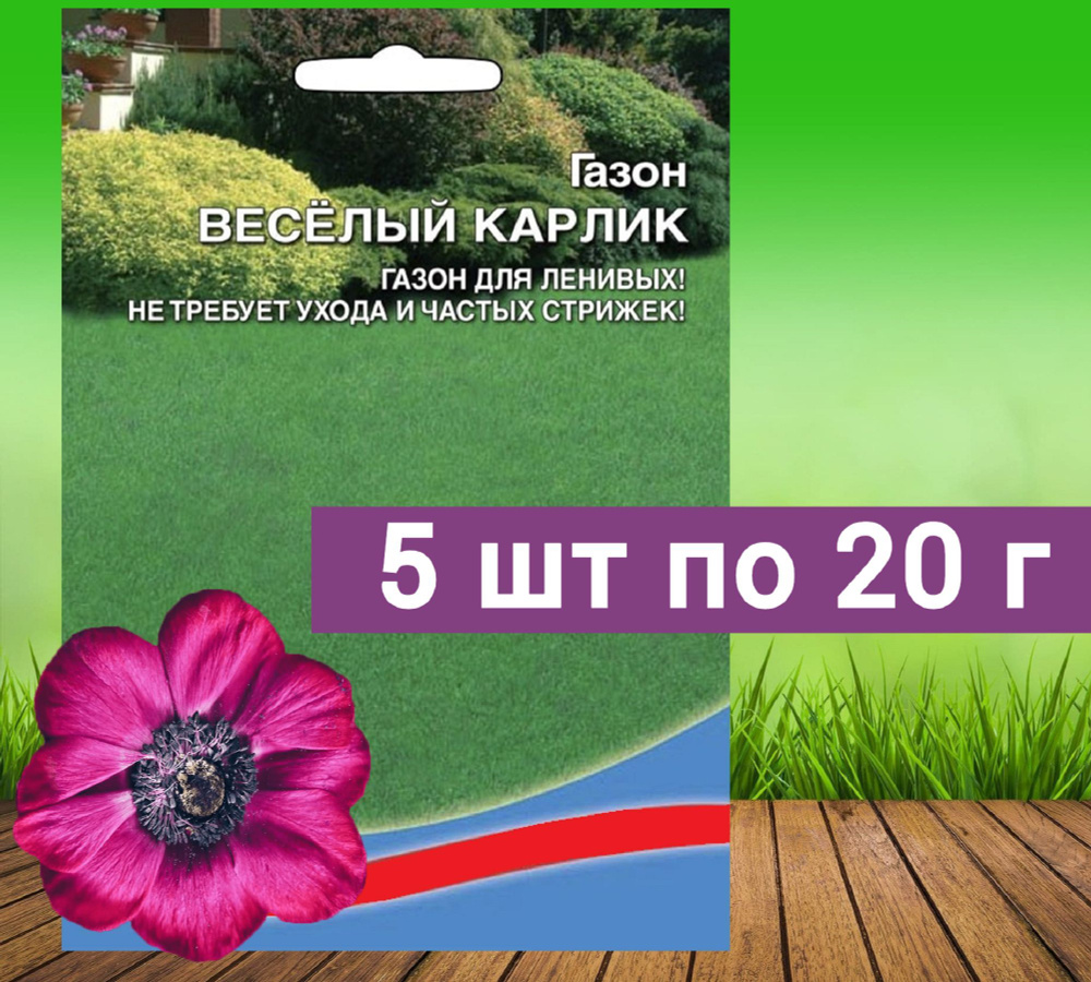 Газон "Веселый карлик" 5x20 г, семена. Травяная смесь хорошо произрастает на затененных участках, покрытие #1