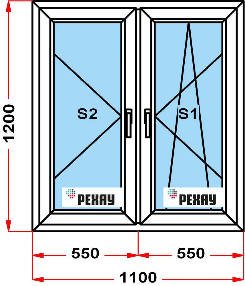 Окно пластиковое, профиль РЕХАУ BLITZ (1200 x 1100), левая створка поворотная, правая поворотно-откидная, #1